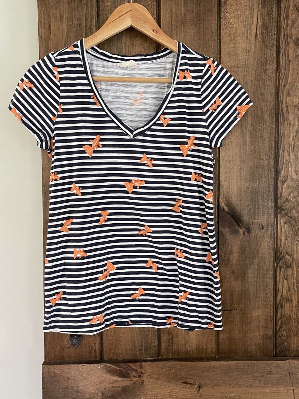 Maison Jules Striped Koi Print V Neck Tee Cotton Modal Small Artsy Whimsical